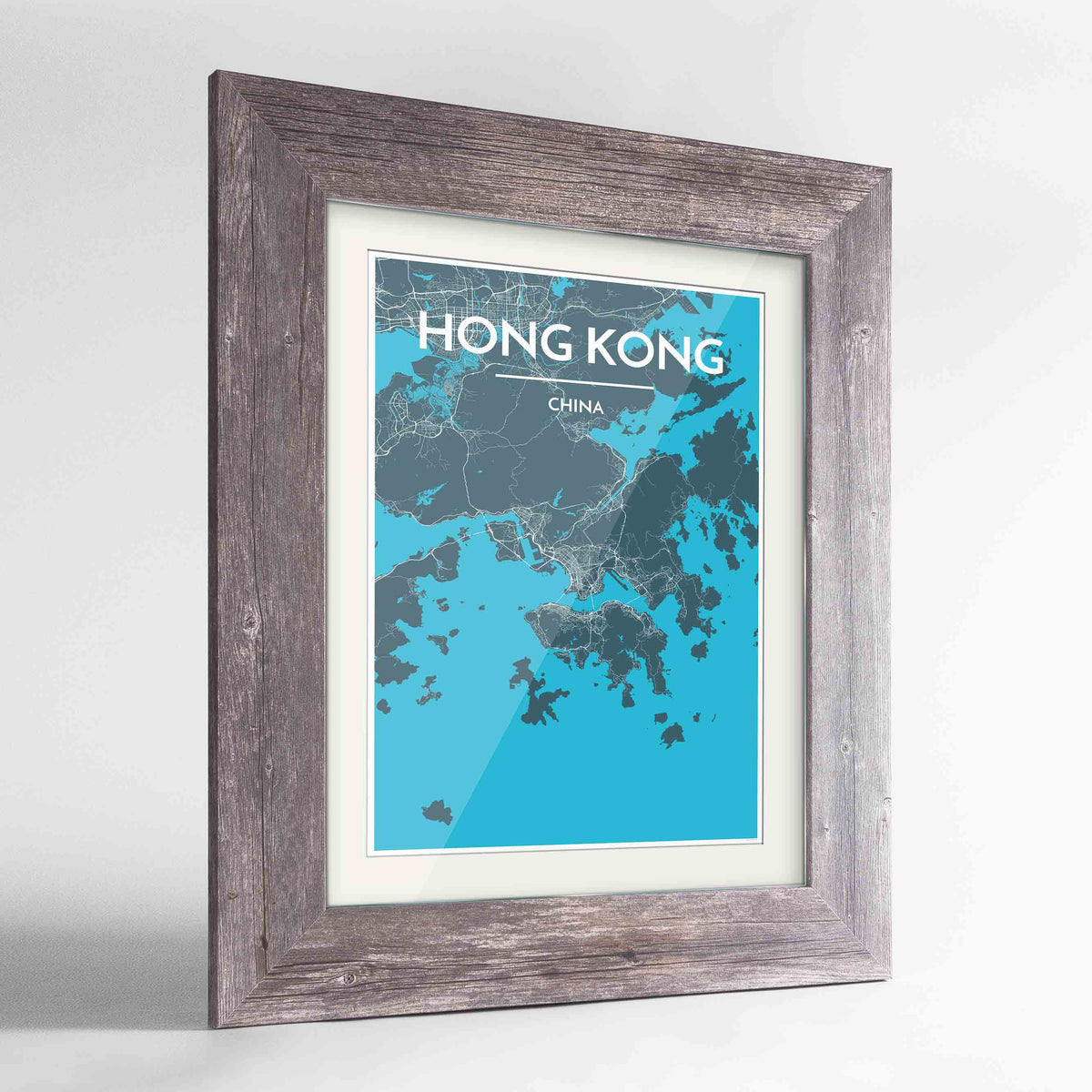 Framed Hong Kong Map Art Print 24x36&quot; Western Grey frame Point Two Design Group