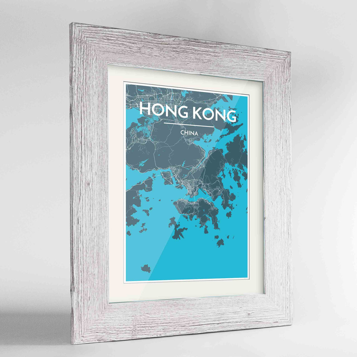 Framed Hong Kong Map Art Print 24x36&quot; Western White frame Point Two Design Group