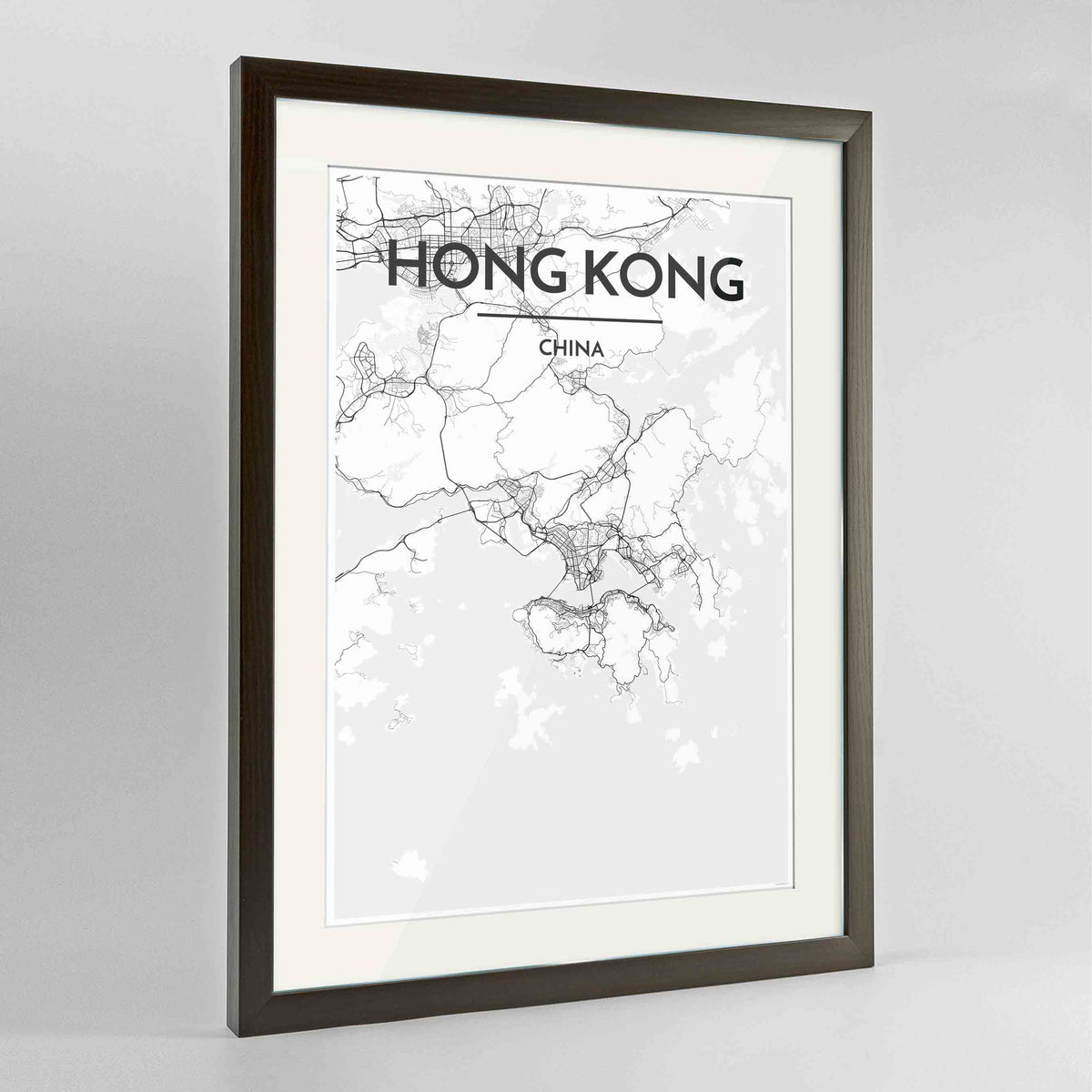 Framed Hong Kong Map Art Print 24x36&quot; Contemporary Walnut frame Point Two Design Group