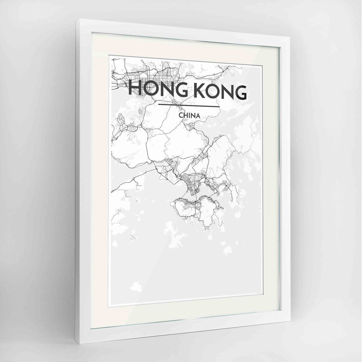 Framed Hong Kong Map Art Print 24x36&quot; Contemporary White frame Point Two Design Group