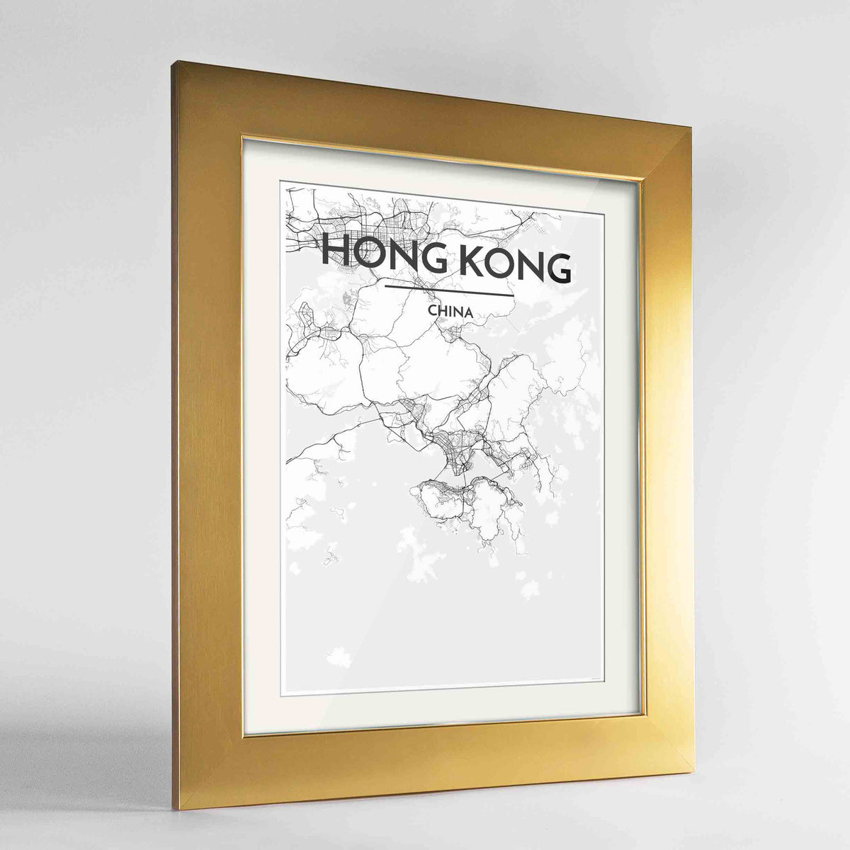 Framed Hong Kong Map Art Print 24x36&quot; Gold frame Point Two Design Group
