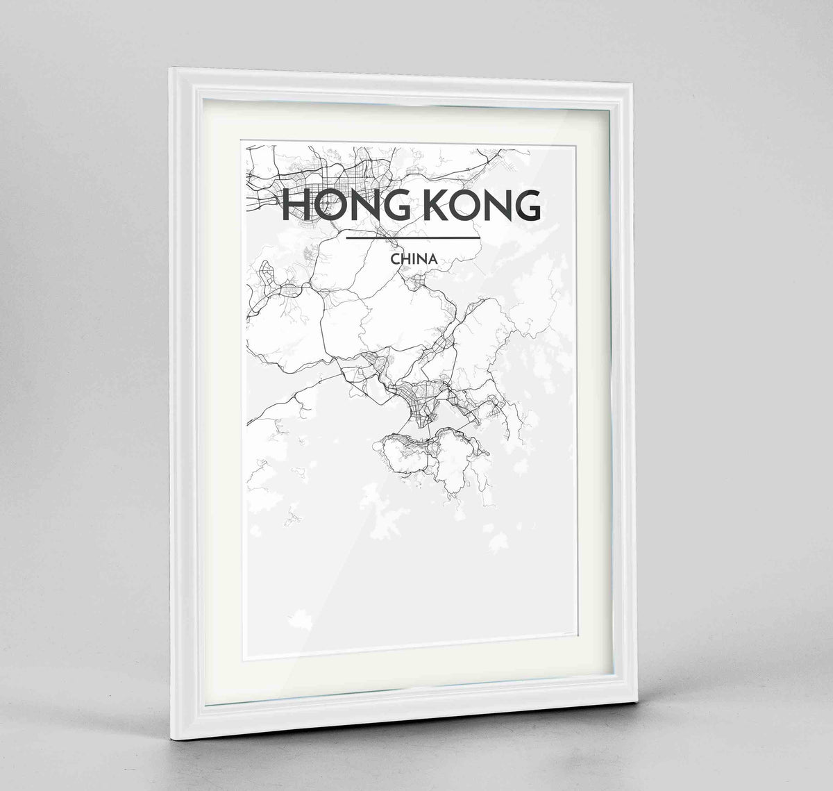 Framed Hong Kong Map Art Print 24x36&quot; Traditional White frame Point Two Design Group