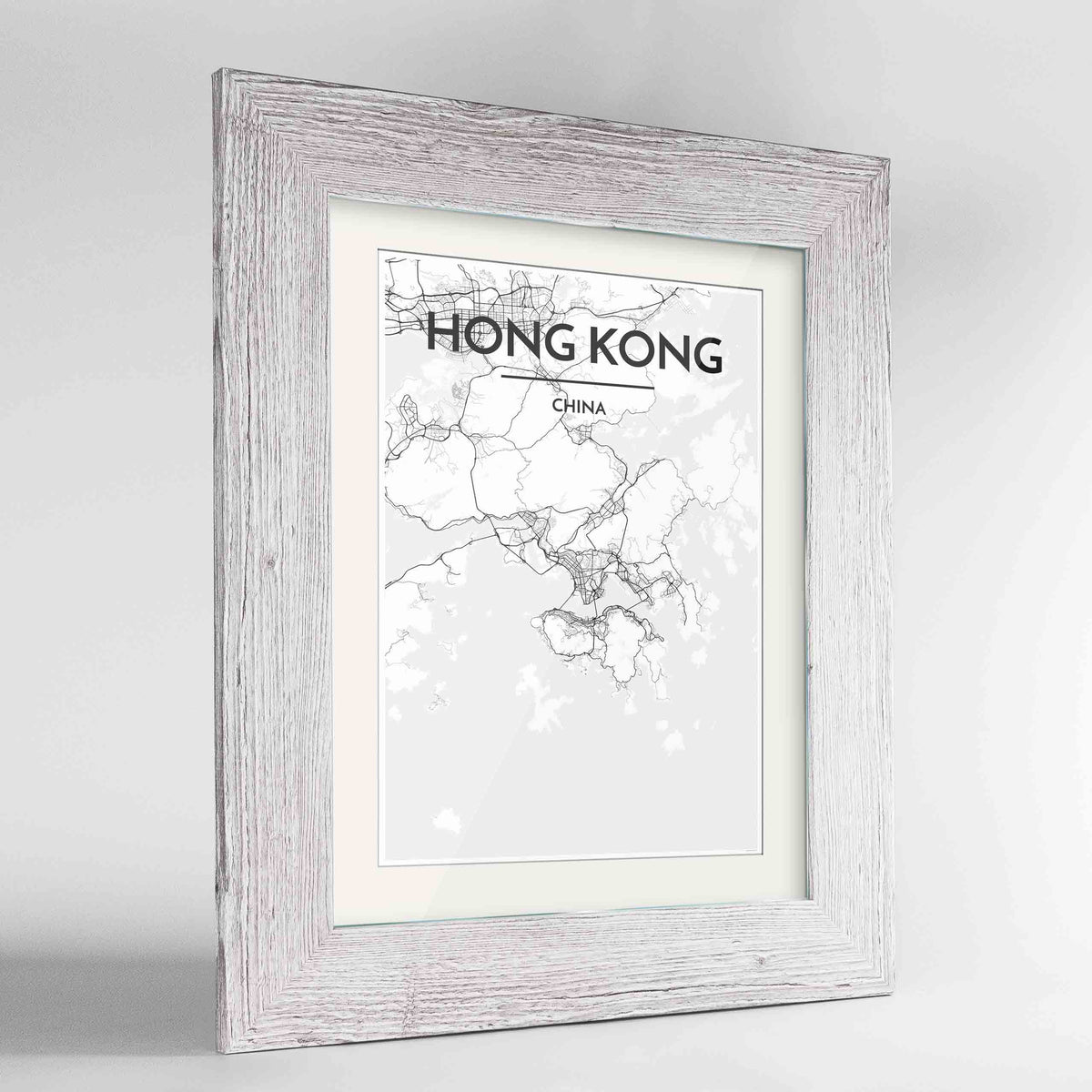 Framed Hong Kong Map Art Print 24x36&quot; Western White frame Point Two Design Group