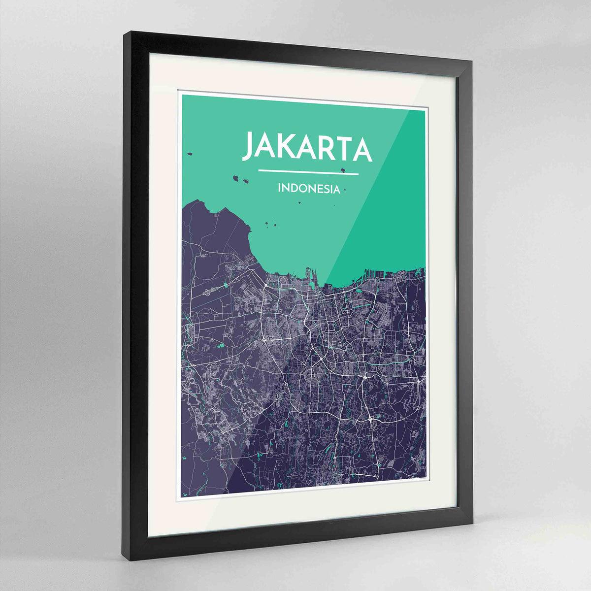 Framed Jakarta Map Art Print 24x36&quot; Contemporary Black frame Point Two Design Group