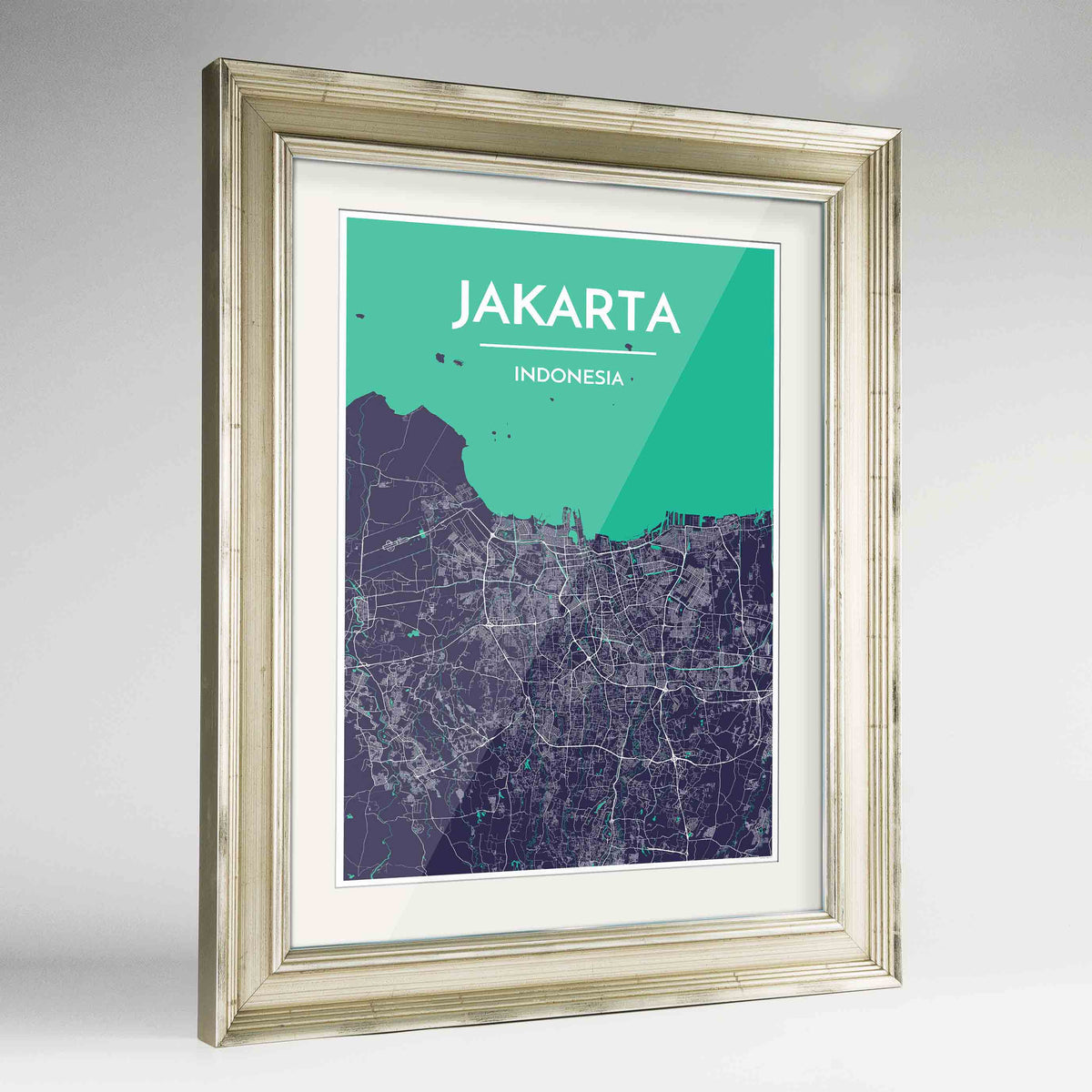 Framed Jakarta Map Art Print 24x36&quot; Champagne frame Point Two Design Group