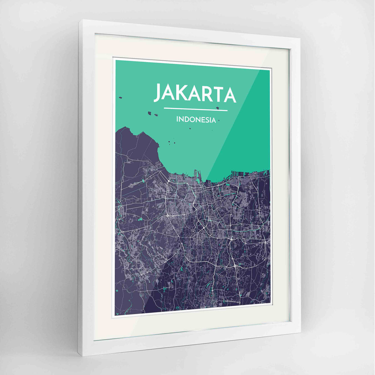 Framed Jakarta Map Art Print 24x36&quot; Contemporary White frame Point Two Design Group