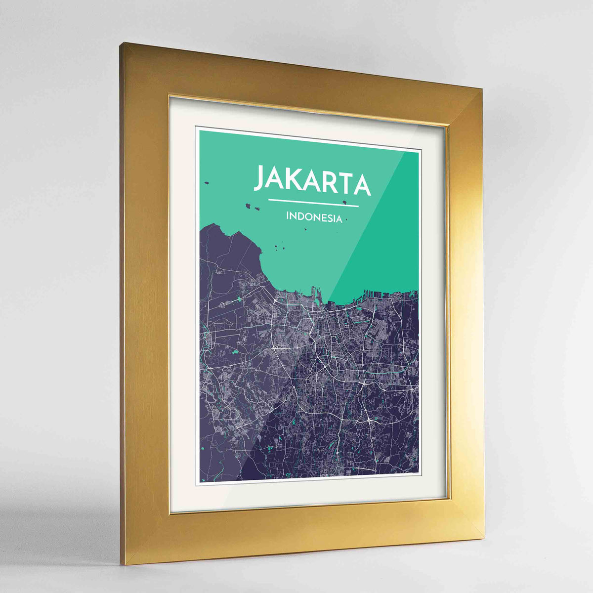 Framed Jakarta Map Art Print 24x36&quot; Gold frame Point Two Design Group