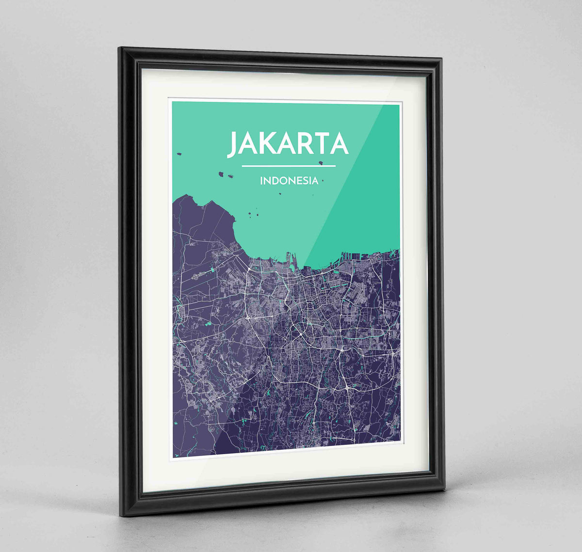 Framed Jakarta Map Art Print 24x36&quot; Traditional Black frame Point Two Design Group