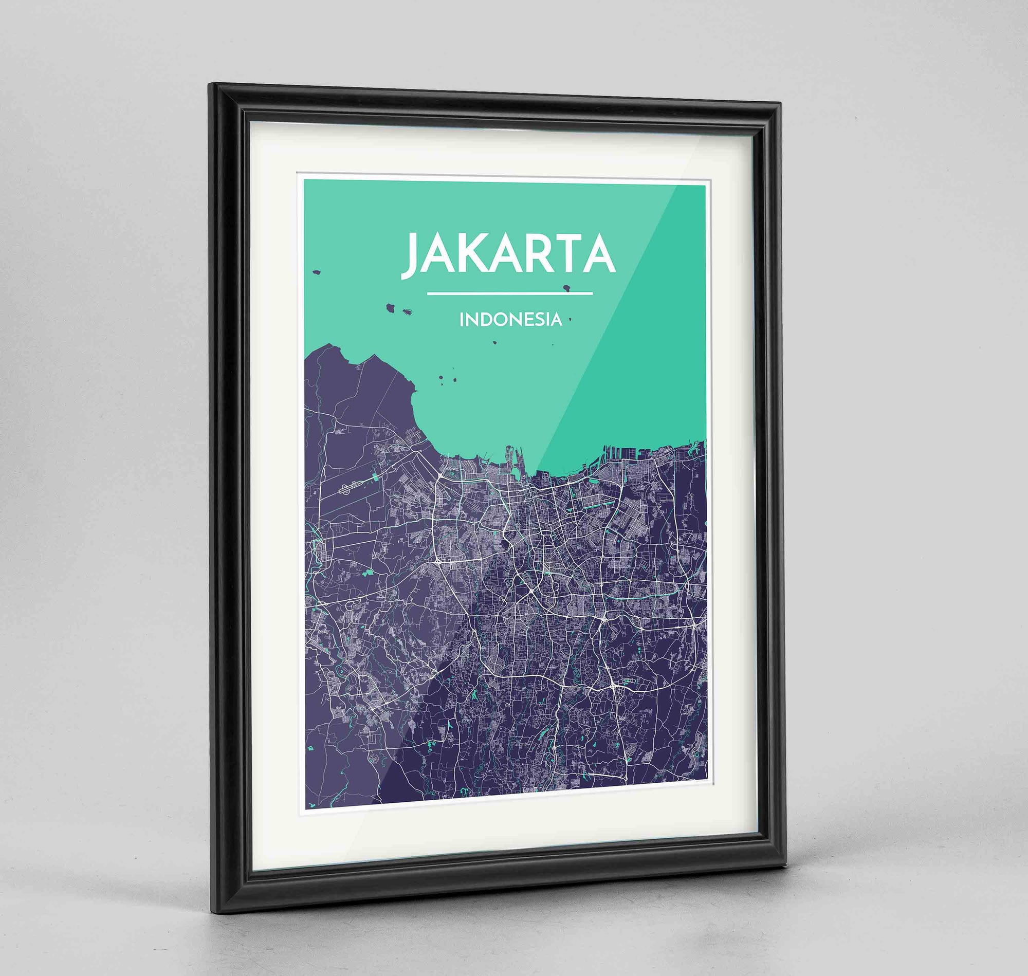 Framed Jakarta Map Art Print 24x36" Traditional Black frame Point Two Design Group