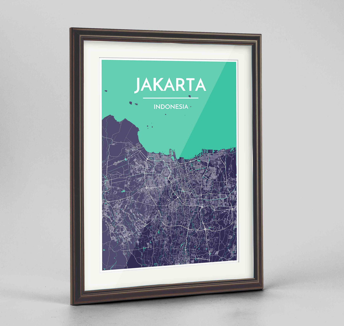 Framed Jakarta Map Art Print 24x36&quot; Traditional Walnut frame Point Two Design Group