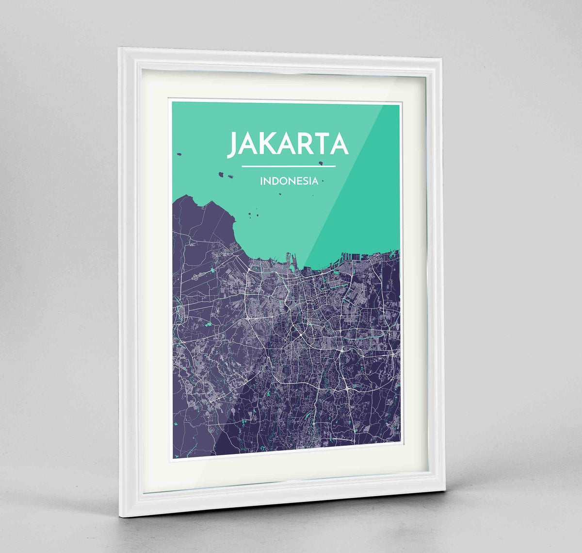 Framed Jakarta Map Art Print 24x36&quot; Traditional White frame Point Two Design Group