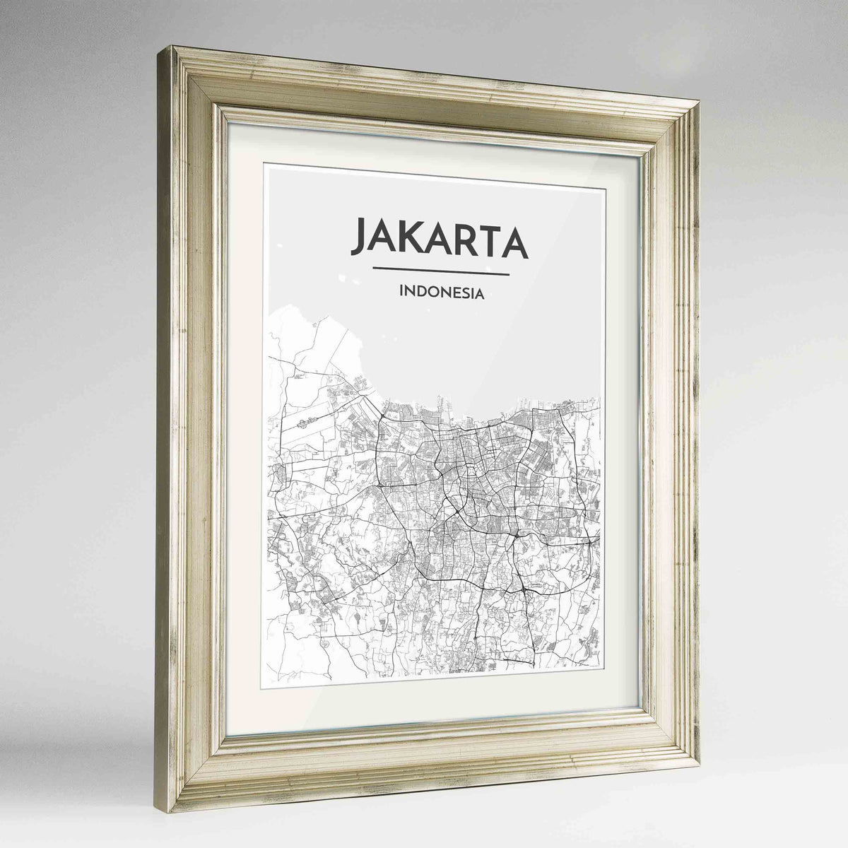 Framed Jakarta Map Art Print 24x36&quot; Champagne frame Point Two Design Group