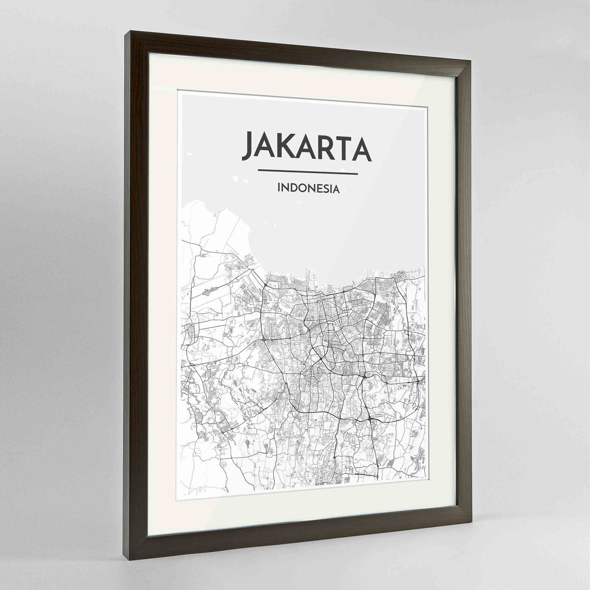 Framed Jakarta Map Art Print 24x36&quot; Contemporary Walnut frame Point Two Design Group