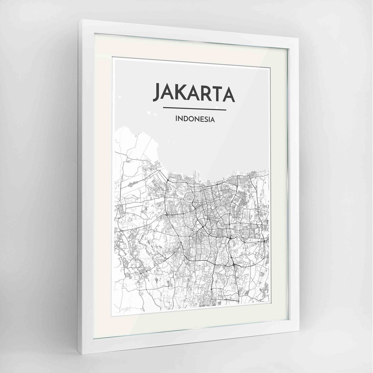 Framed Jakarta Map Art Print 24x36&quot; Contemporary White frame Point Two Design Group