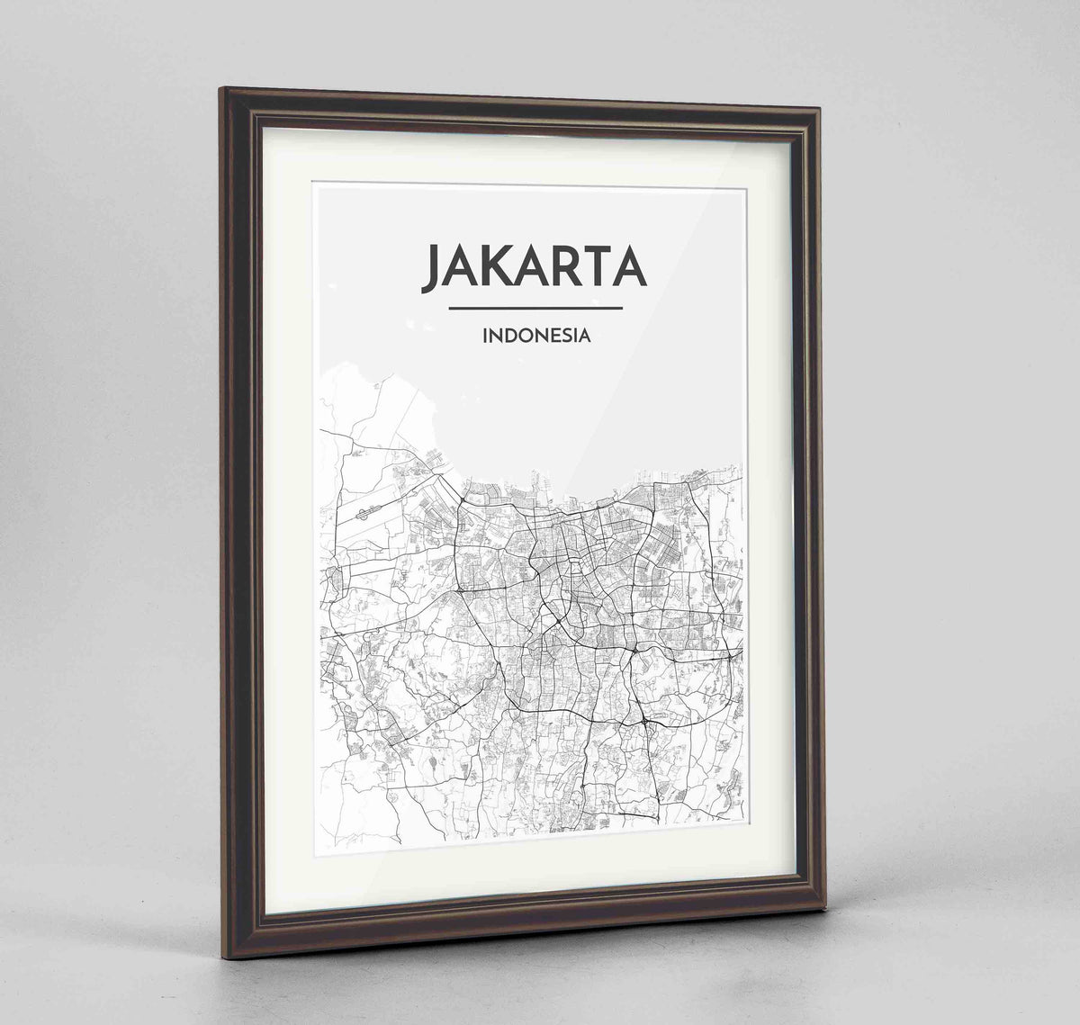 Framed Jakarta Map Art Print 24x36&quot; Traditional Walnut frame Point Two Design Group