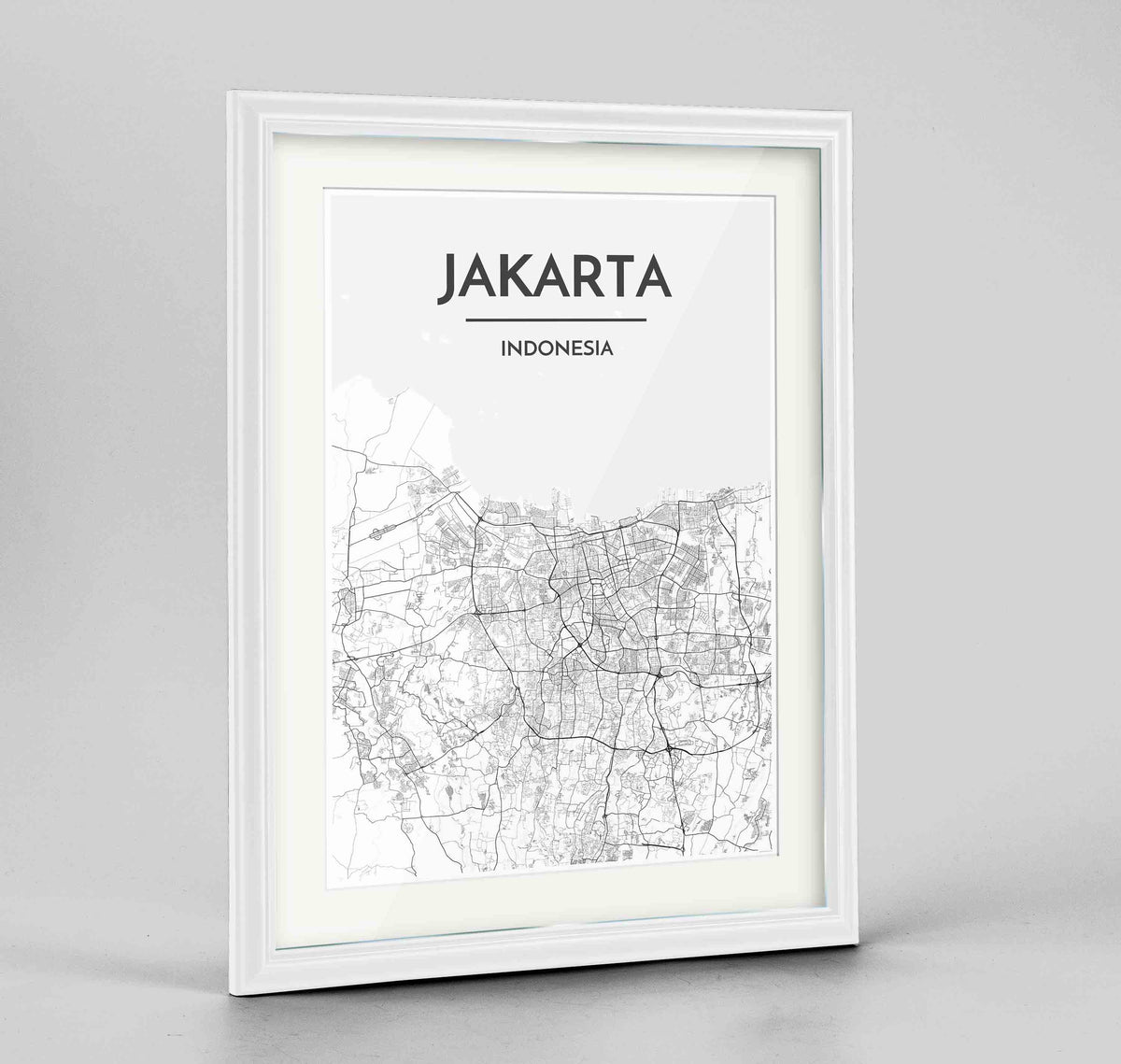 Framed Jakarta Map Art Print 24x36&quot; Traditional White frame Point Two Design Group