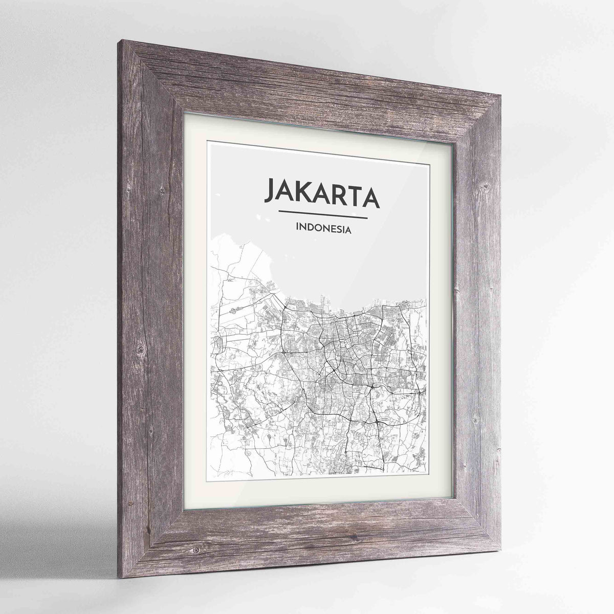 Framed Jakarta Map Art Print 24x36&quot; Western Grey frame Point Two Design Group