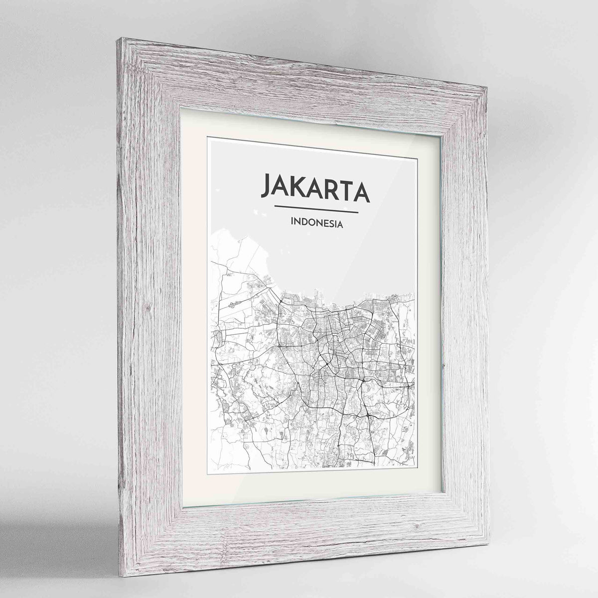 Framed Jakarta Map Art Print 24x36&quot; Western White frame Point Two Design Group