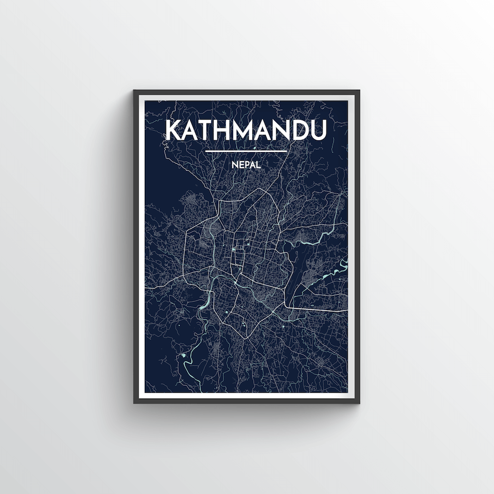 Kathmandu City Map Art Print - Point Two Design - Black &amp; White Print