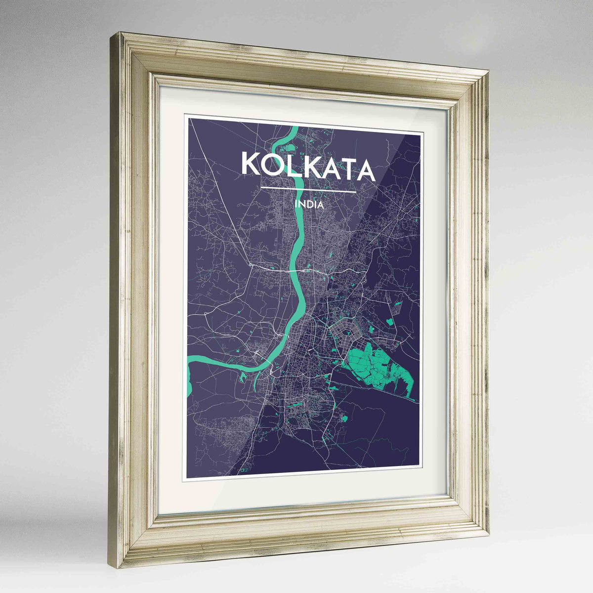 Framed Kolkata Map Art Print 24x36&quot; Champagne frame Point Two Design Group