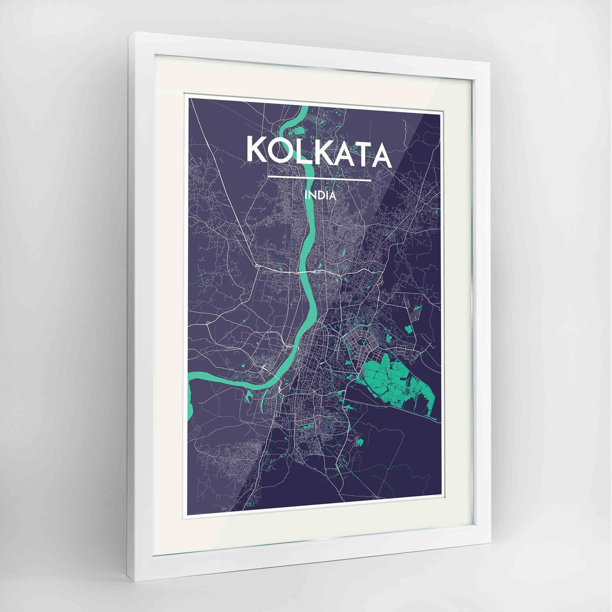 Framed Kolkata Map Art Print 24x36&quot; Contemporary White frame Point Two Design Group