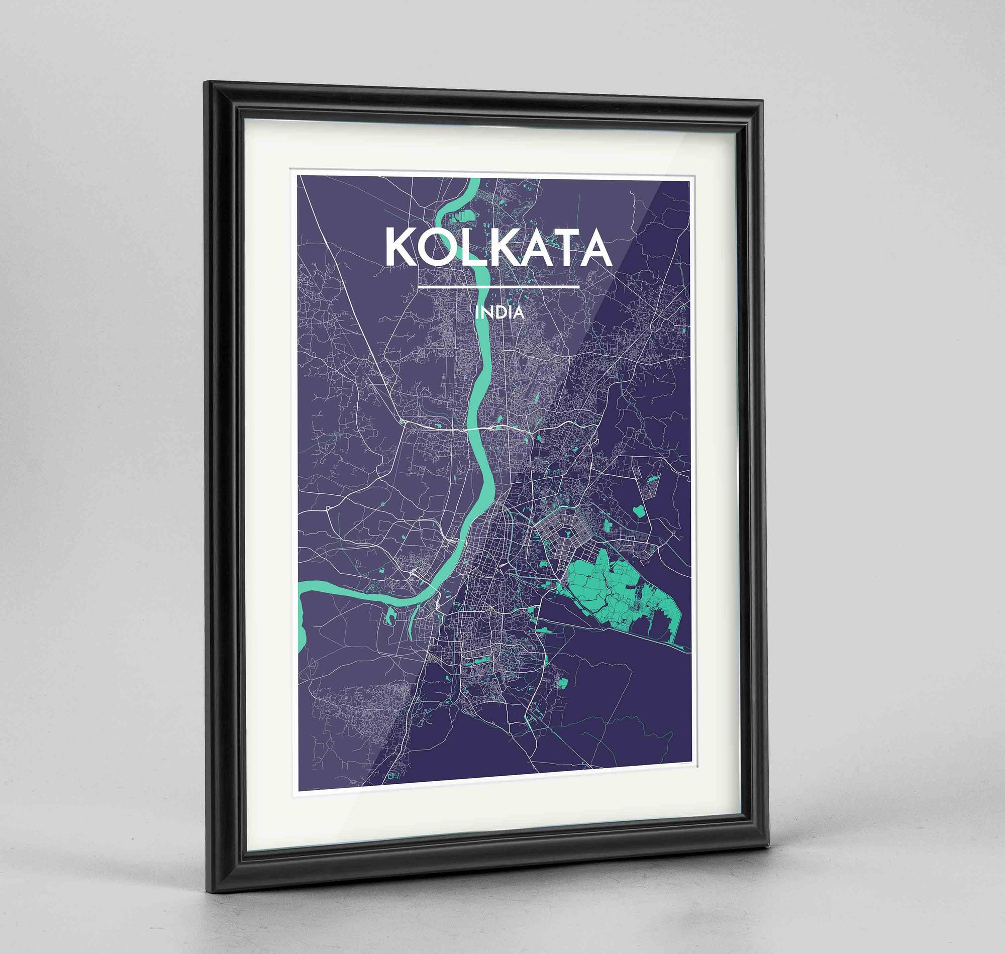 Framed Kolkata Map Art Print 24x36" Traditional Black frame Point Two Design Group