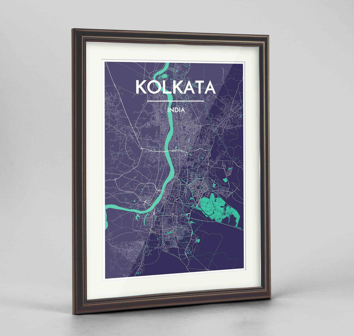 Framed Kolkata Map Art Print 24x36&quot; Traditional Walnut frame Point Two Design Group