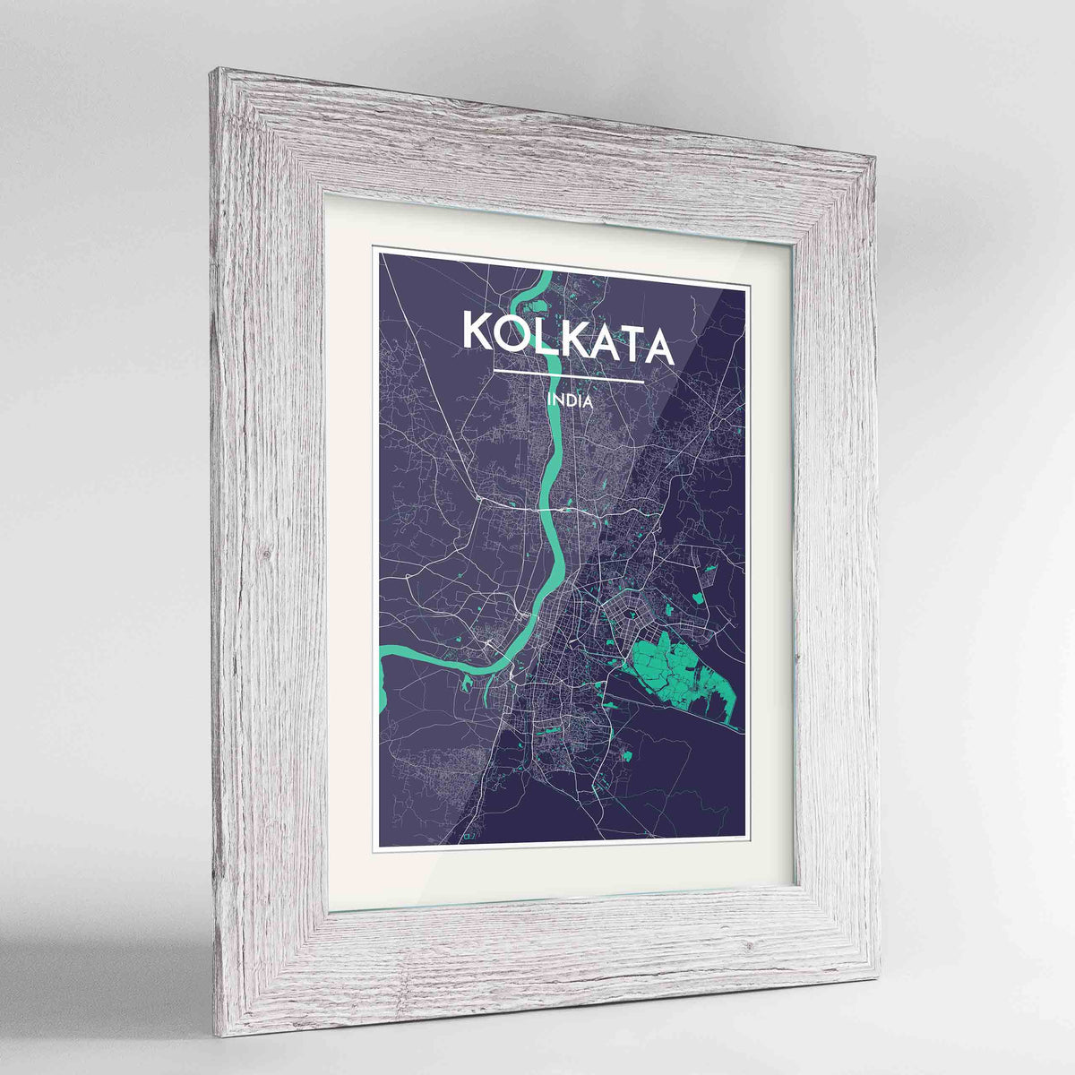 Framed Kolkata Map Art Print 24x36&quot; Western White frame Point Two Design Group