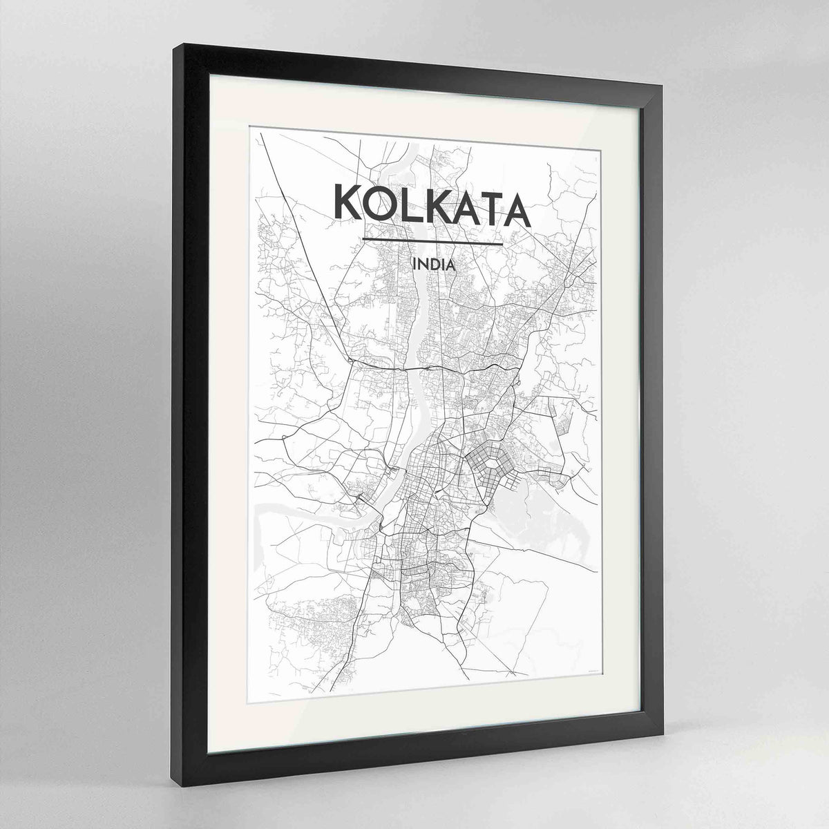 Framed Kolkata Map Art Print 24x36&quot; Contemporary Black frame Point Two Design Group
