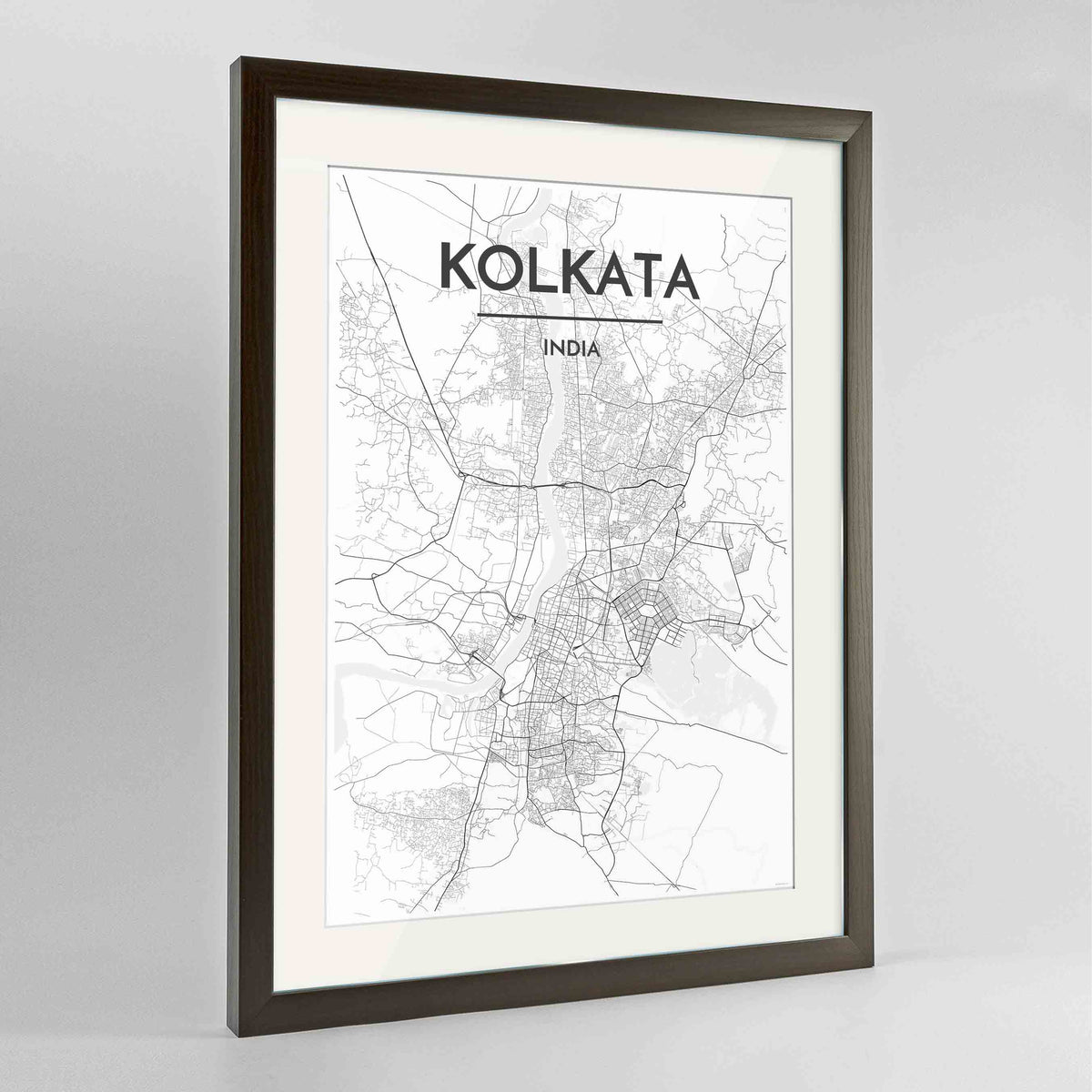 Framed Kolkata Map Art Print 24x36&quot; Contemporary Walnut frame Point Two Design Group