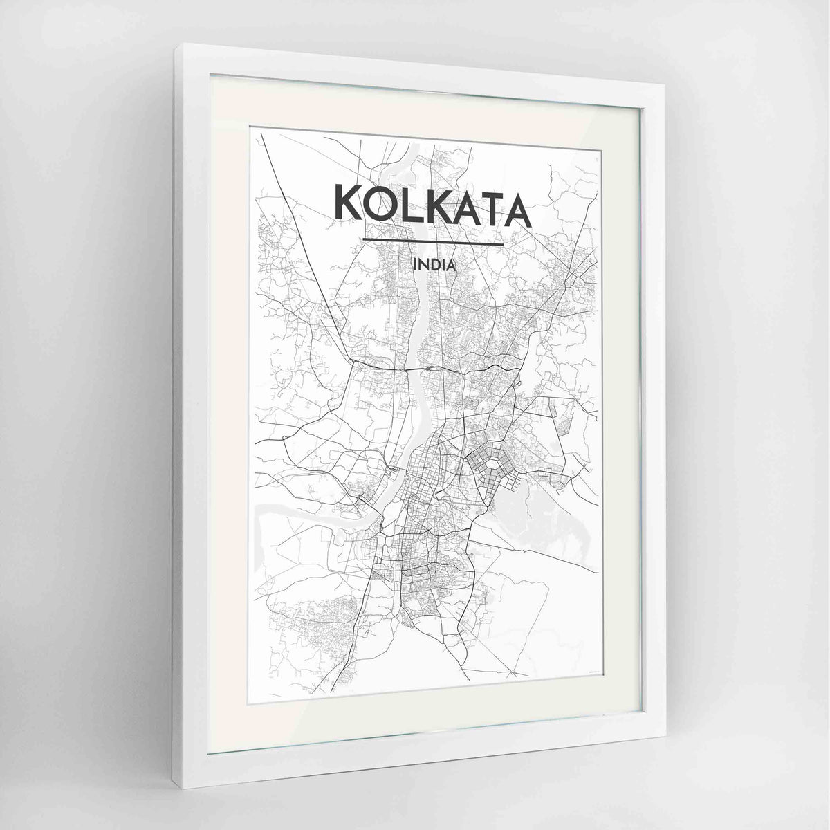Framed Kolkata Map Art Print 24x36&quot; Contemporary White frame Point Two Design Group