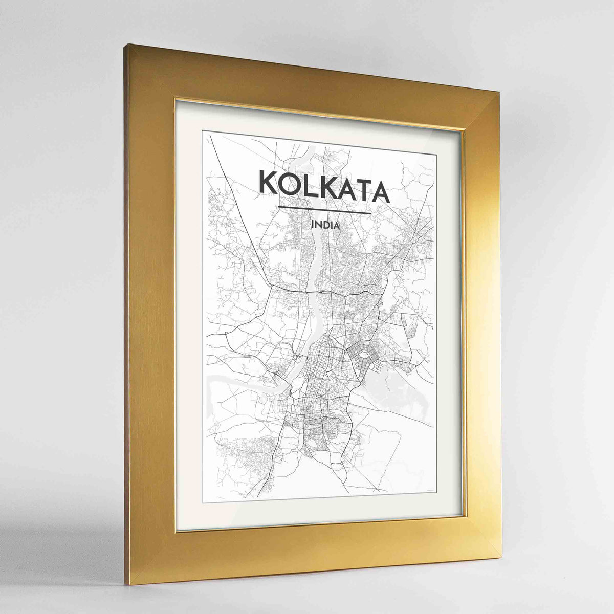 Framed Kolkata Map Art Print 24x36&quot; Gold frame Point Two Design Group