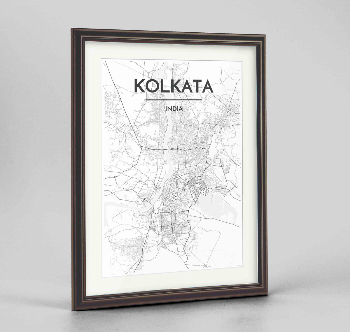 Framed Kolkata Map Art Print 24x36&quot; Traditional Walnut frame Point Two Design Group