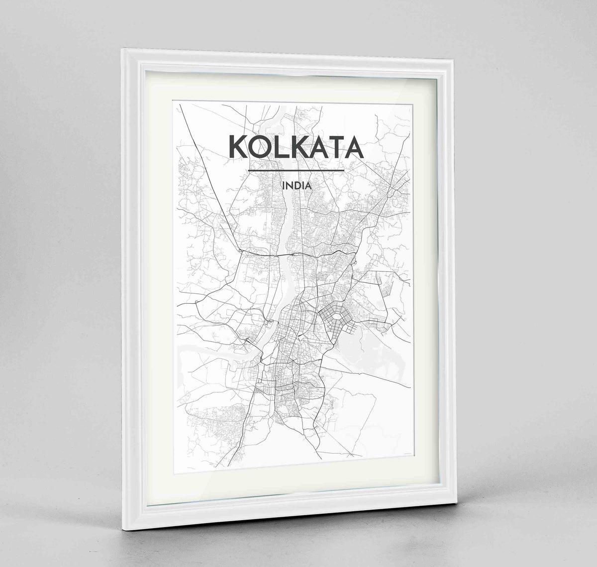 Framed Kolkata Map Art Print 24x36&quot; Traditional White frame Point Two Design Group