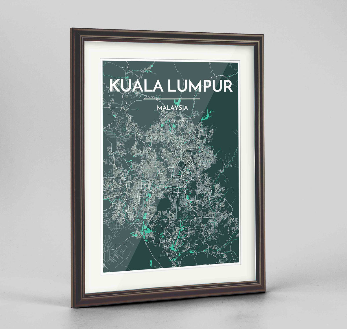 Framed Kuala Lumpur Map Art Print 24x36&quot; Traditional Walnut frame Point Two Design Group