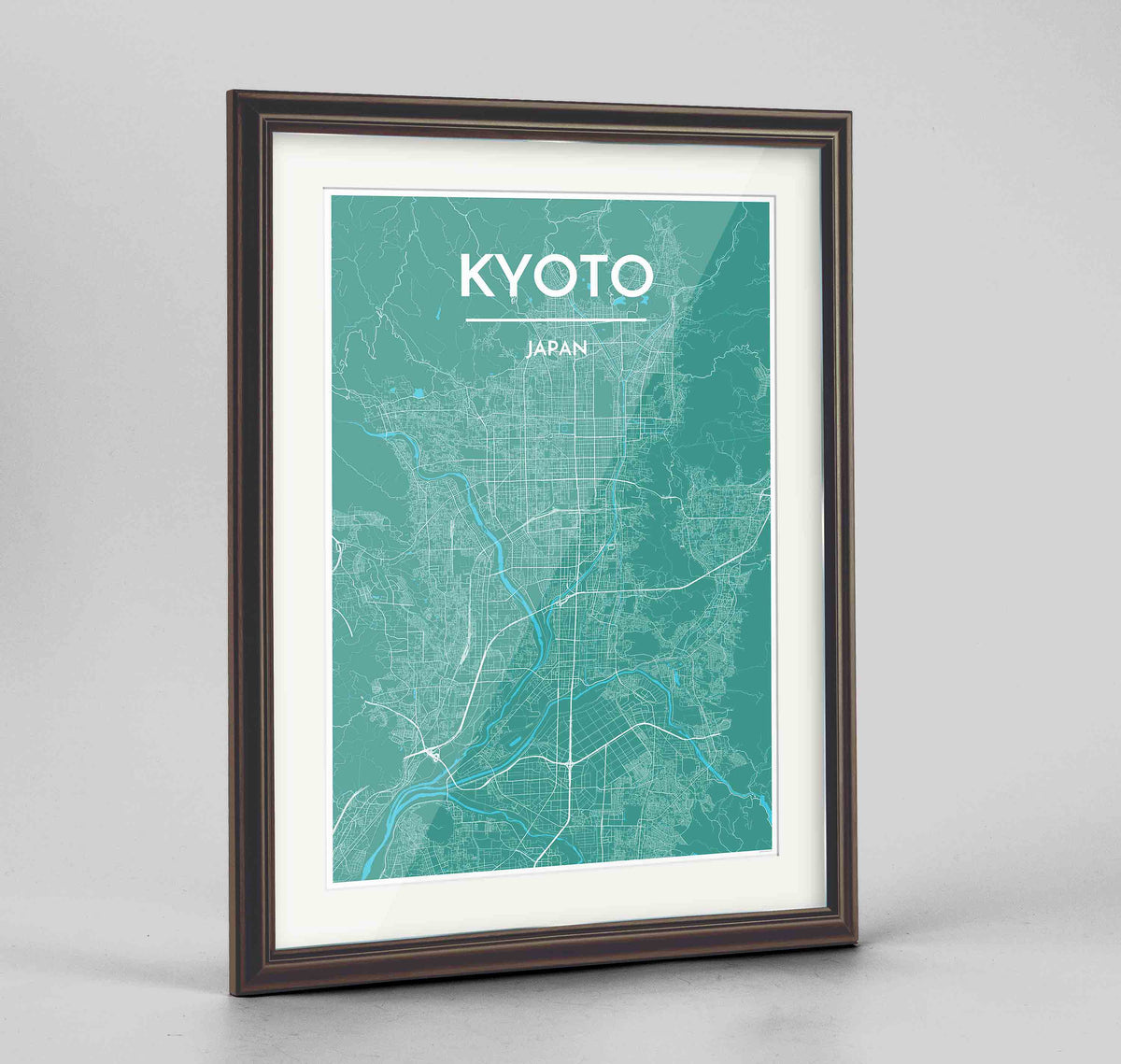 Framed Kyoto Map Art Print 24x36&quot; Traditional Walnut frame Point Two Design Group