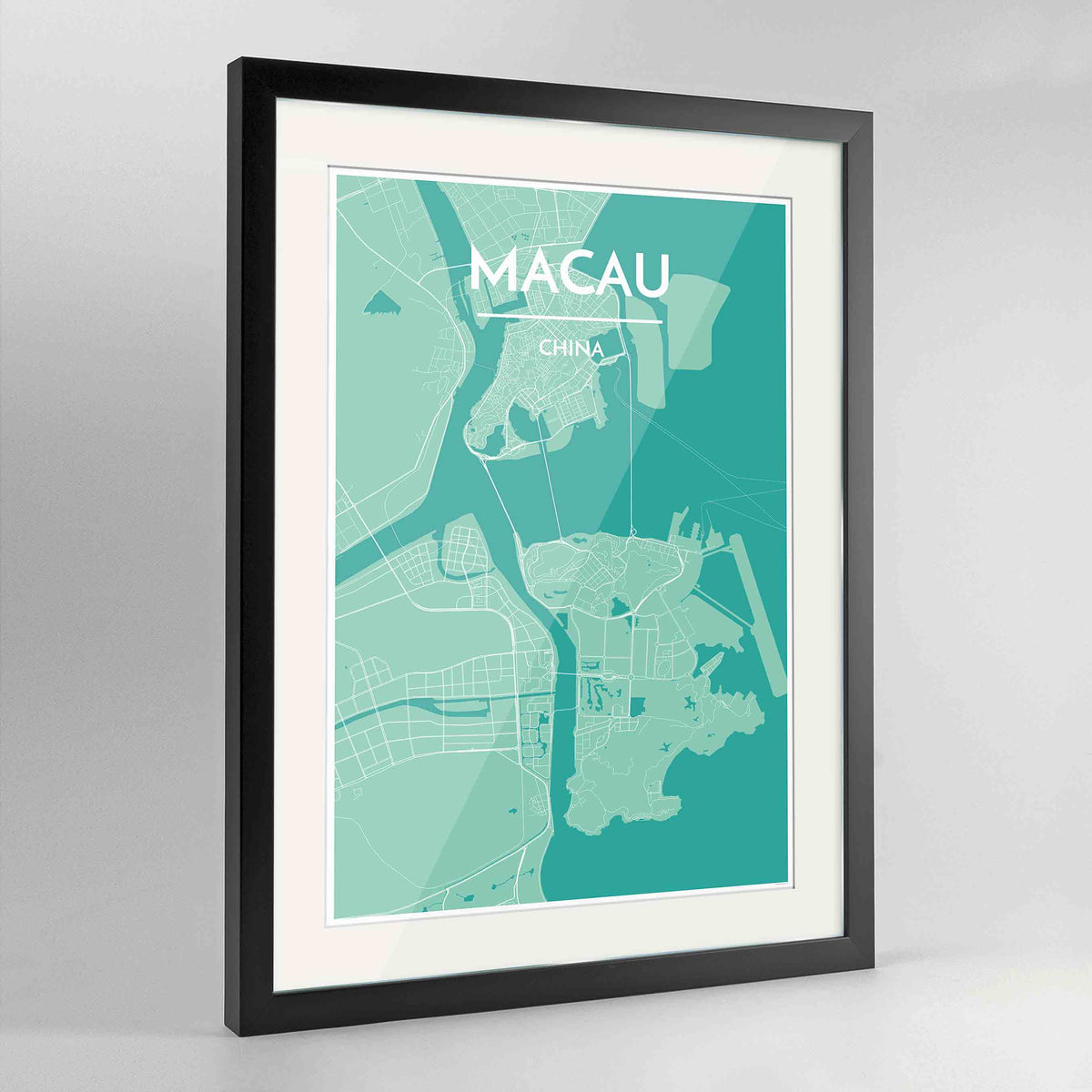 Framed Macau Map Art Print 24x36&quot; Contemporary Black frame Point Two Design Group