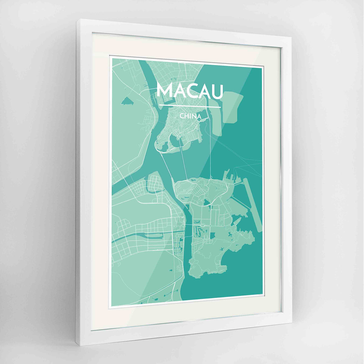 Framed Macau Map Art Print 24x36&quot; Contemporary White frame Point Two Design Group