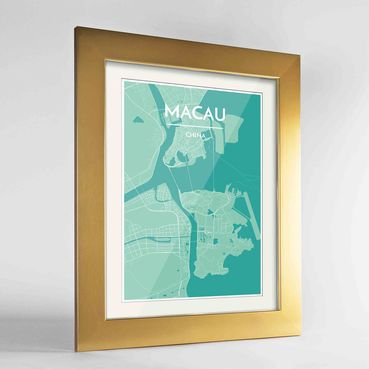 Framed Macau Map Art Print 24x36&quot; Gold frame Point Two Design Group