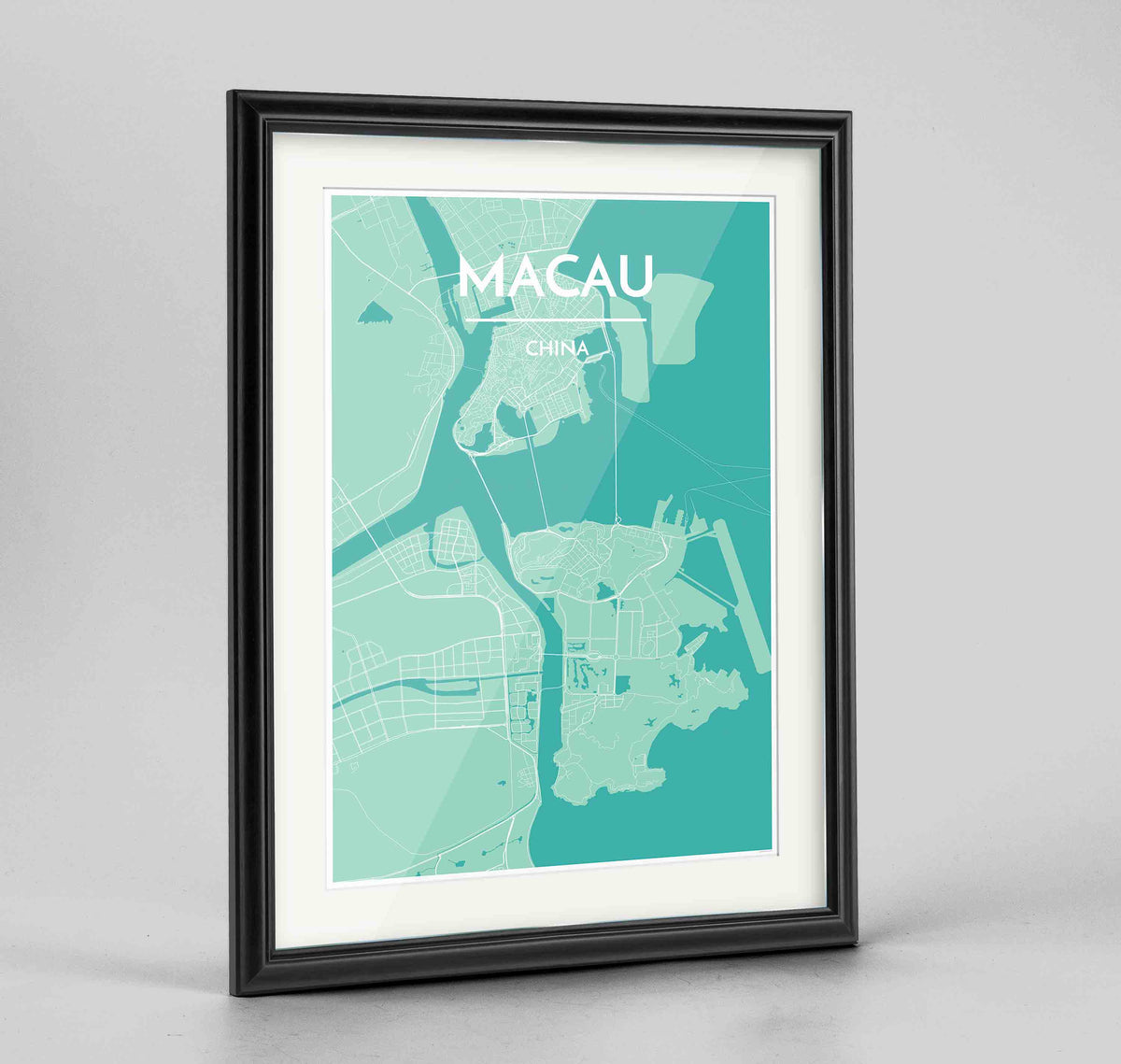 Framed Macau Map Art Print 24x36&quot; Traditional Black frame Point Two Design Group