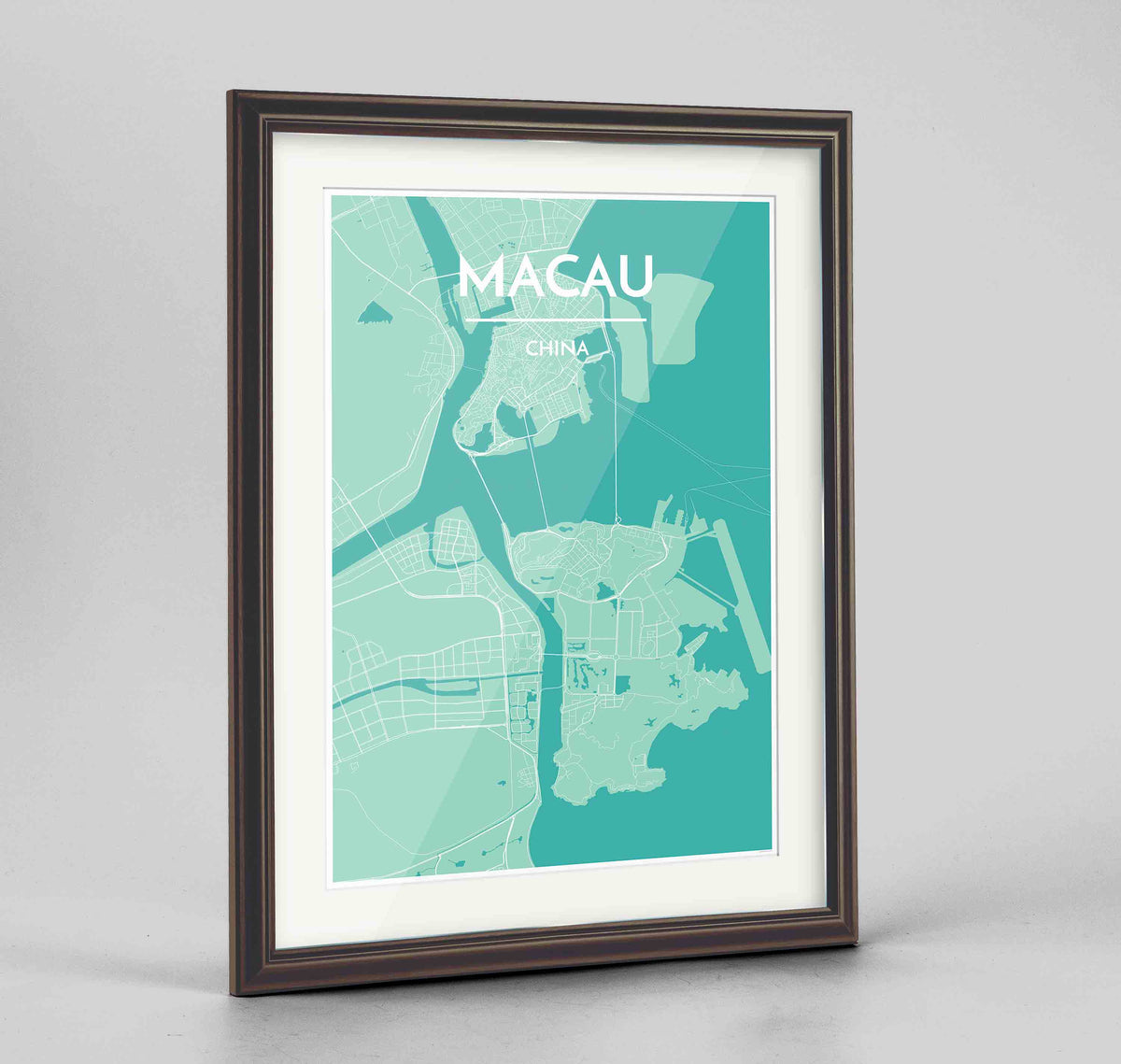 Framed Macau Map Art Print 24x36&quot; Traditional Walnut frame Point Two Design Group