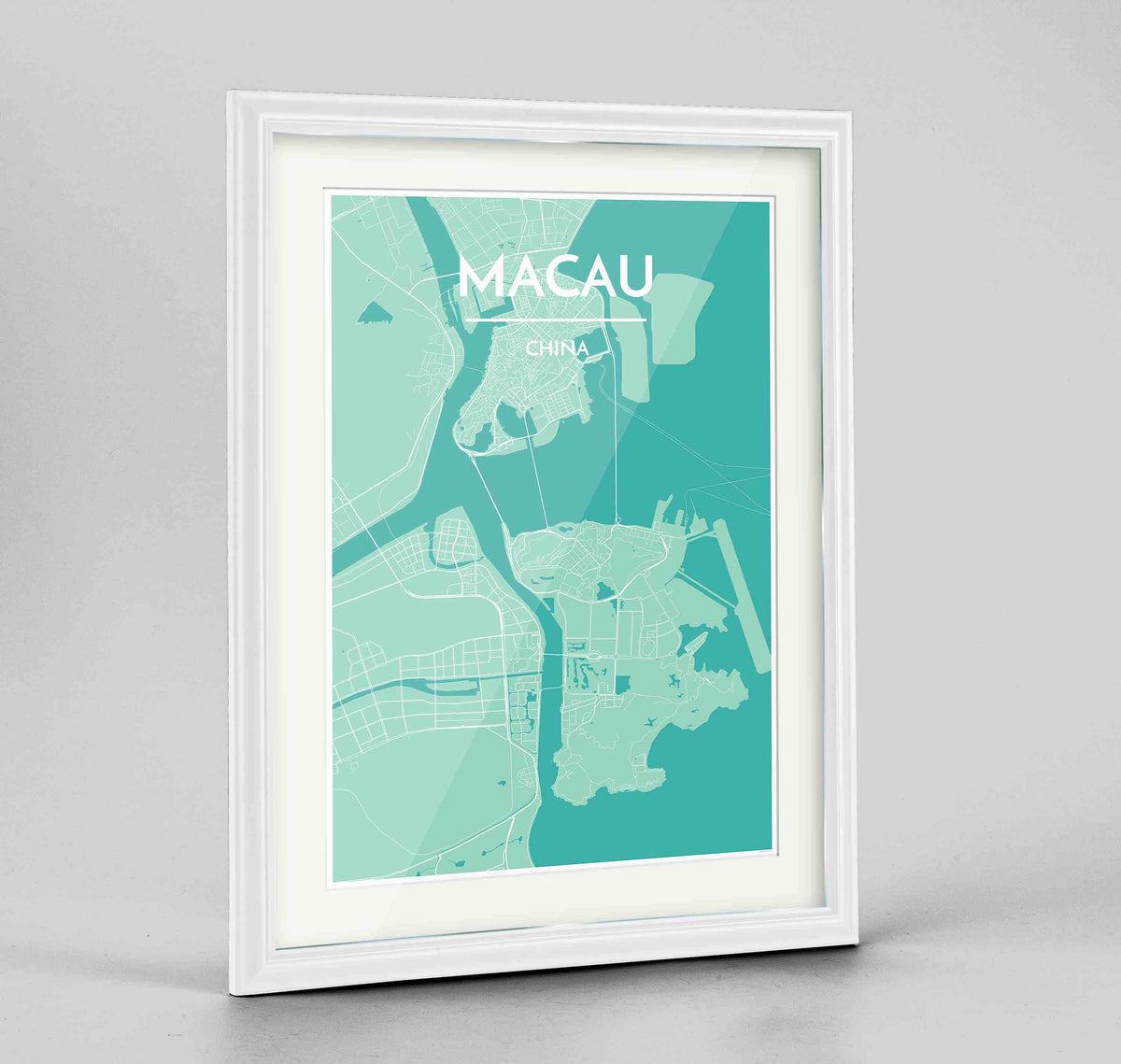 Framed Macau Map Art Print 24x36&quot; Traditional White frame Point Two Design Group