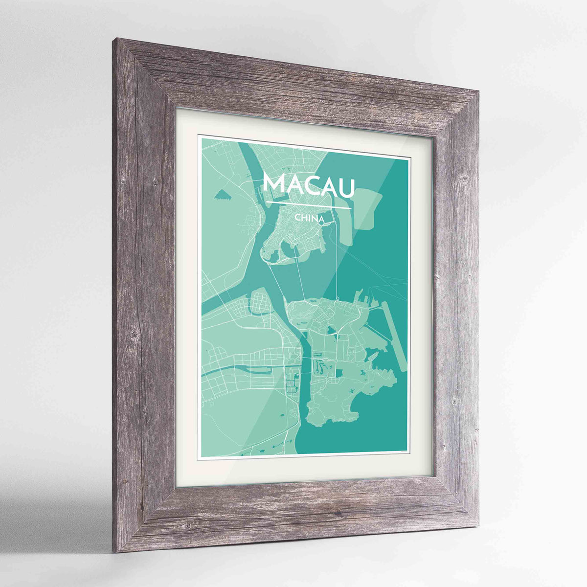 Framed Macau Map Art Print 24x36&quot; Western Grey frame Point Two Design Group