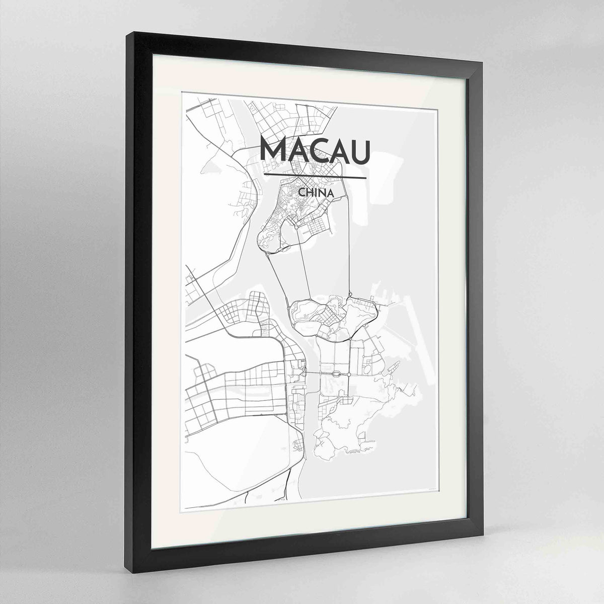 Framed Macau Map Art Print 24x36&quot; Contemporary Black frame Point Two Design Group