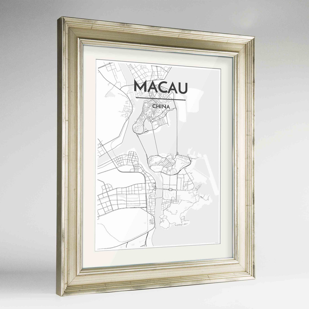Framed Macau Map Art Print 24x36&quot; Champagne frame Point Two Design Group
