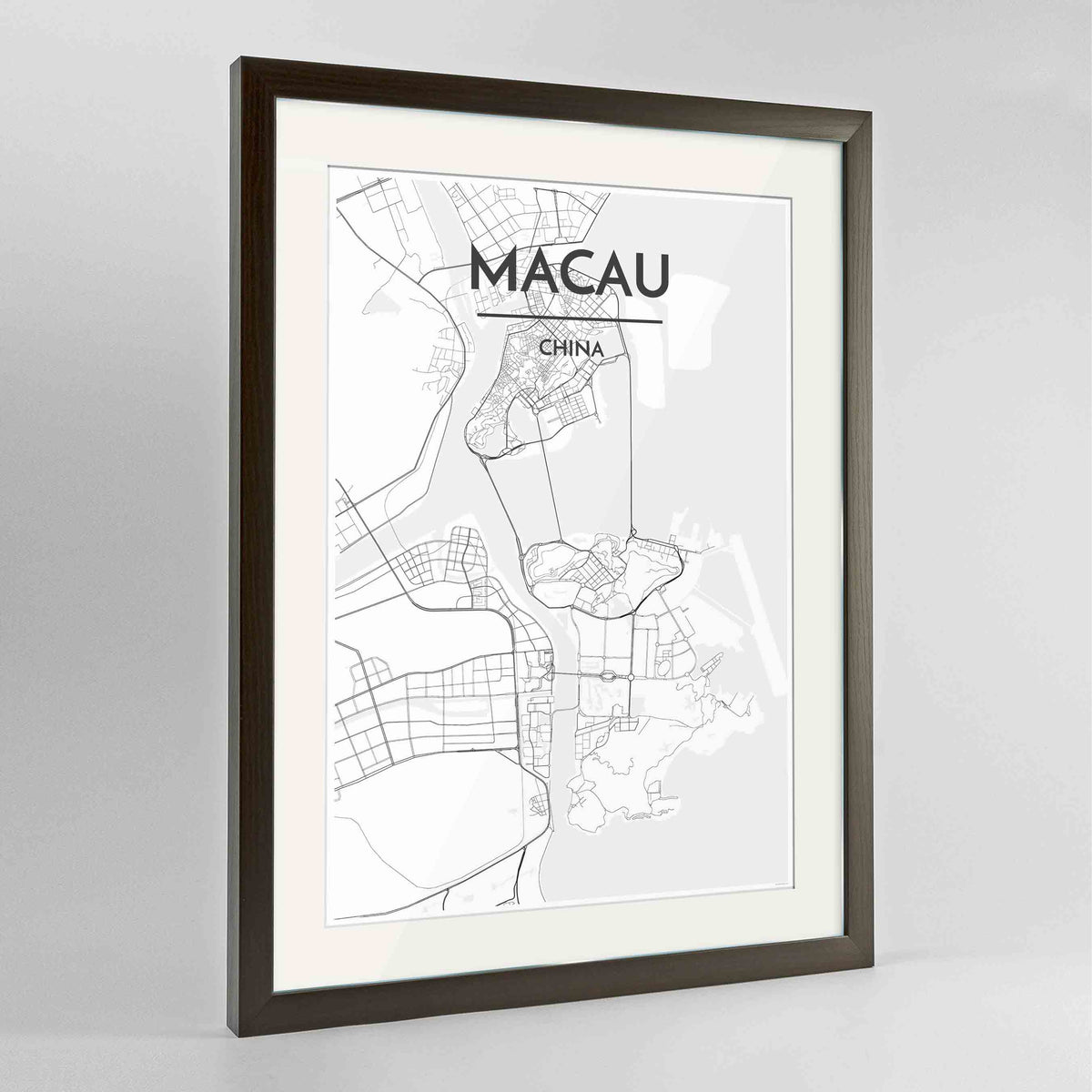 Framed Macau Map Art Print 24x36&quot; Contemporary Walnut frame Point Two Design Group