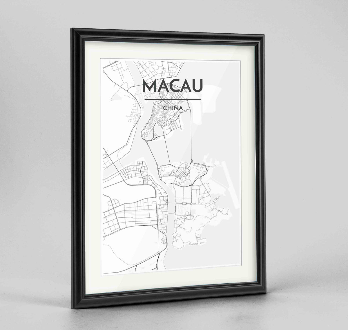 Framed Macau Map Art Print 24x36&quot; Traditional Black frame Point Two Design Group