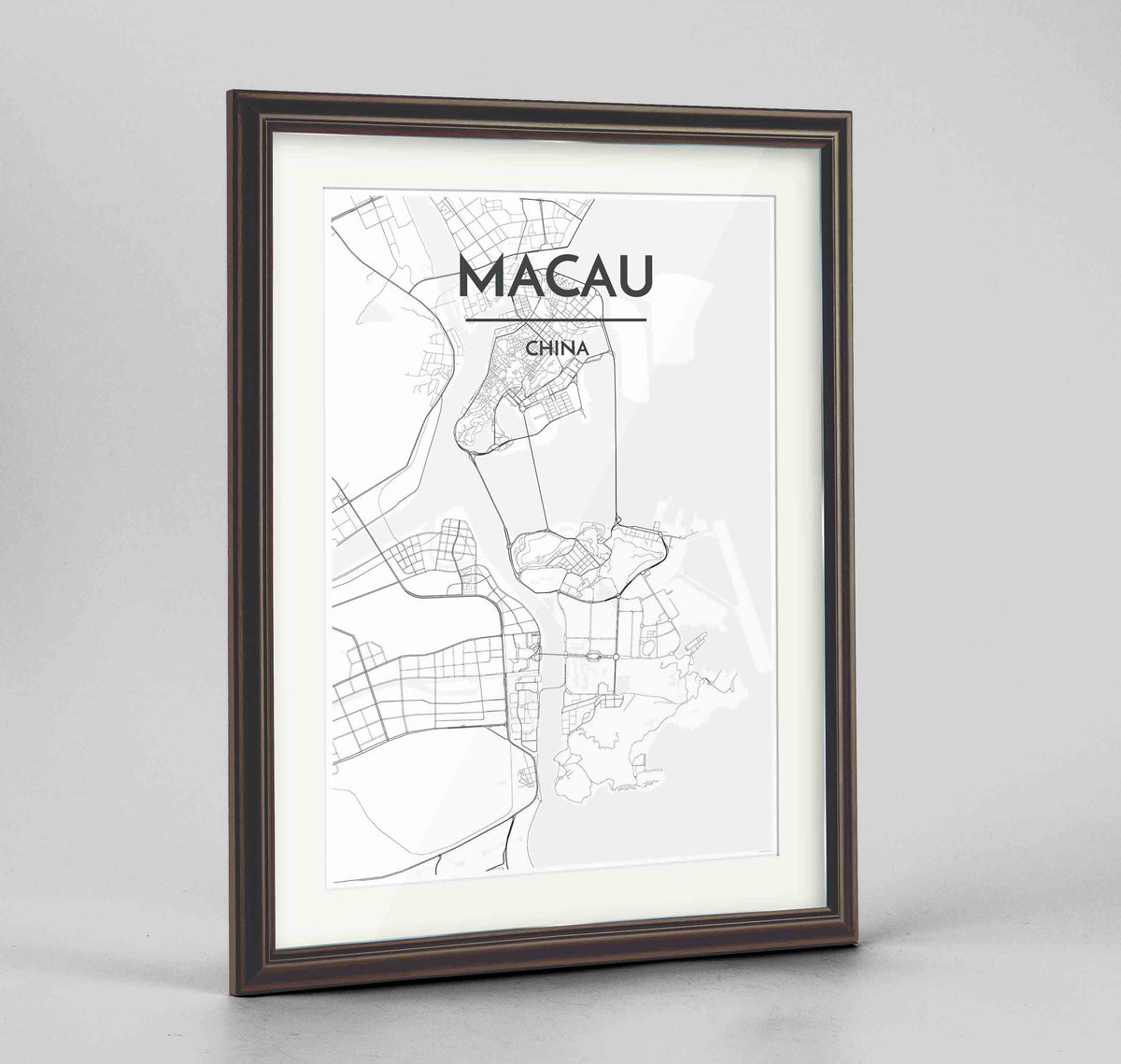 Framed Macau Map Art Print 24x36&quot; Traditional Walnut frame Point Two Design Group