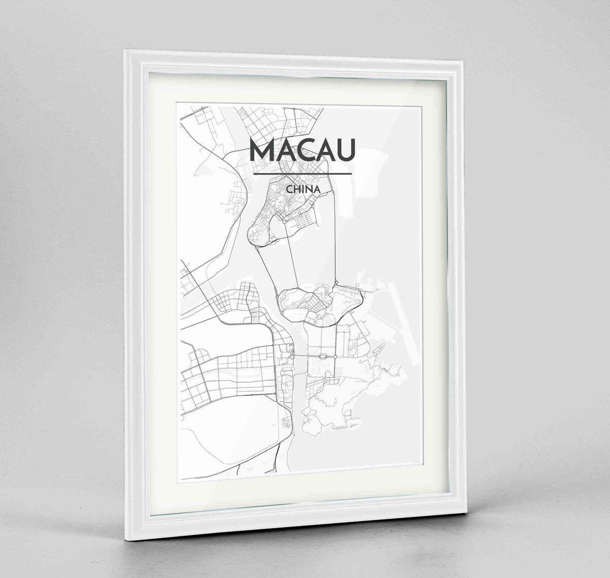 Framed Macau Map Art Print 24x36&quot; Traditional White frame Point Two Design Group