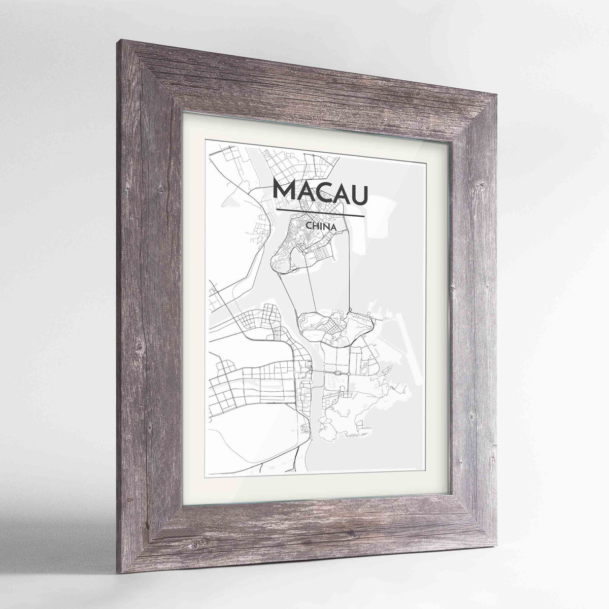 Framed Macau Map Art Print 24x36&quot; Western Grey frame Point Two Design Group